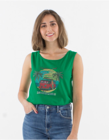 Sleeveless cotton t-shirt and golden coast print