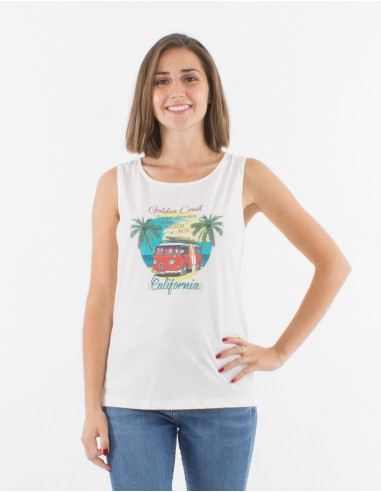 Sleeveless cotton t-shirt and golden coast print