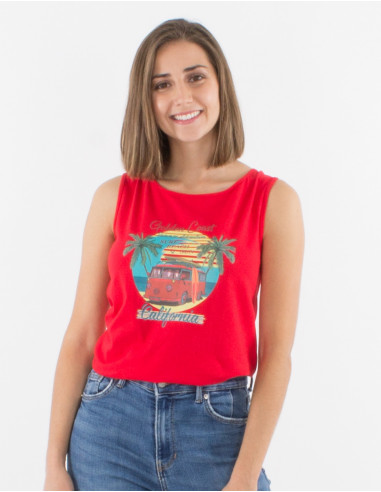 Sleeveless cotton t-shirt and golden coast print