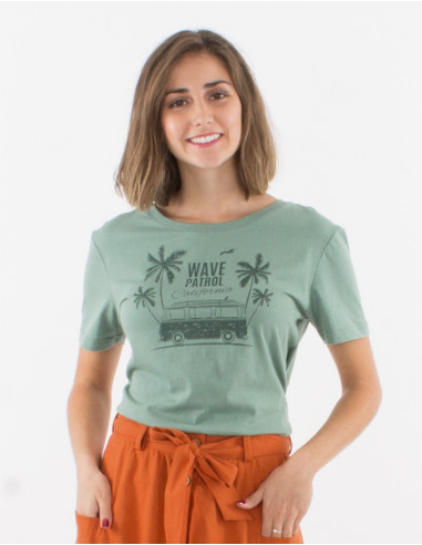 Short sleeves cotton t-shirt and palm print