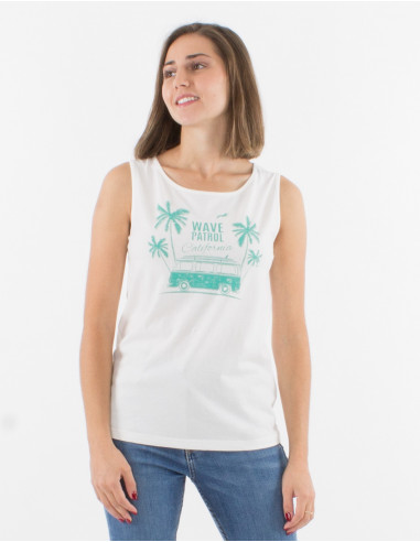 Sleeveless cotton t-shirt and palm print