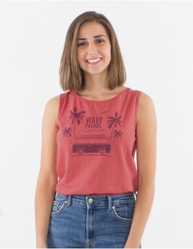 Sleeveless cotton t-shirt and palm print