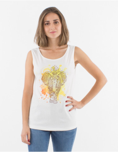 Sleeveless cotton t-shirt and elephant print