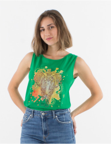 Sleeveless cotton t-shirt and elephant print