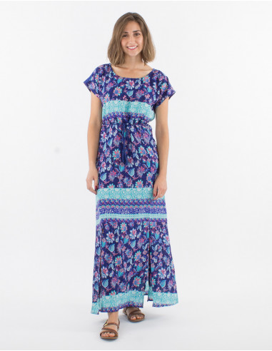 Long polyester dress with short sleeves holi flower print