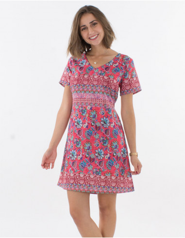 Polyester dress with short sleeves and holi flower print