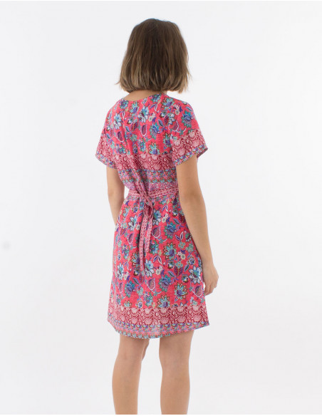 Polyester dress with short sleeves and holi flower print