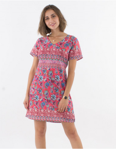 Polyester dress with short sleeves and holi flower print