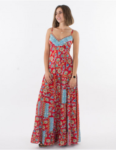 Long polyester dress with wraps and holi flower print