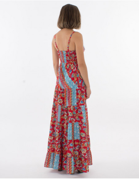 Long polyester dress with wraps and holi flower print
