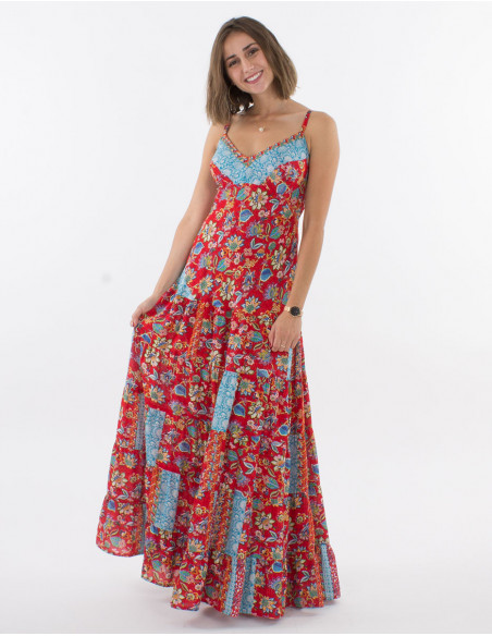 Long polyester dress with wraps and holi flower print