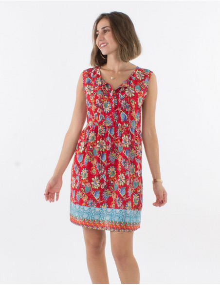 Sleeveless polyester buttoned dress with holi flower print