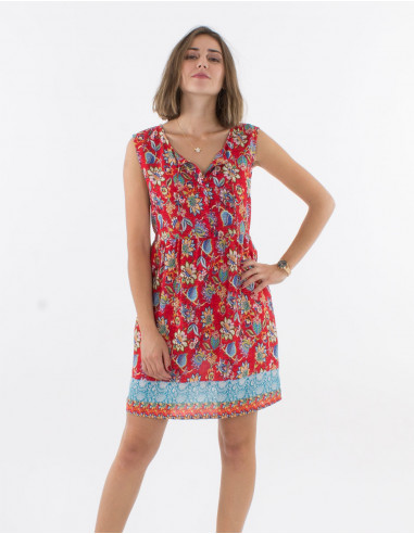 Sleeveless polyester buttoned dress with holi flower print