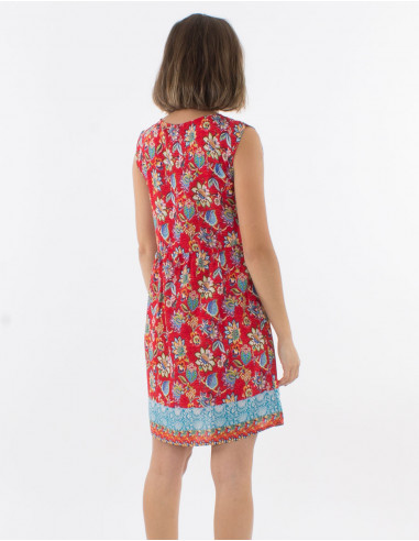 Sleeveless polyester buttoned dress with holi flower print