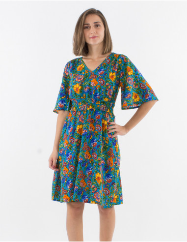 Short sleeves polyester dress and pivoine print