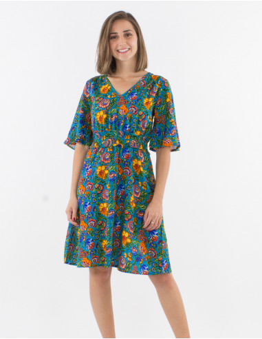 Short sleeves polyester dress and pivoine print