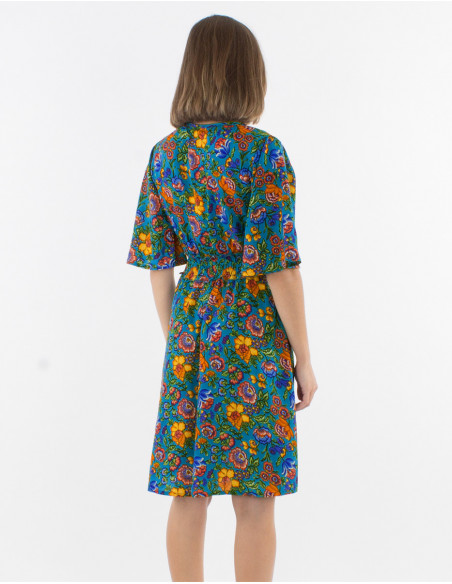 Short sleeves polyester dress and pivoine print