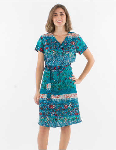 Short sleeves polyester buttoned dress and delhi print