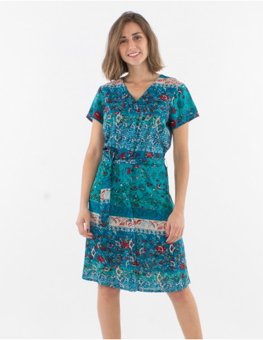 Short sleeves polyester buttoned dress and delhi print