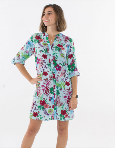 3/4 sleeves viscose buttoned dress and tropical overdyed