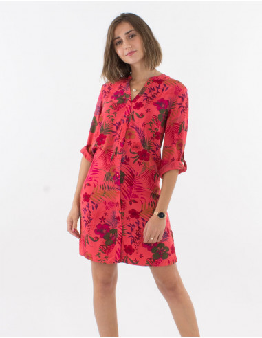 3/4 sleeves viscose buttoned dress and tropical overdyed