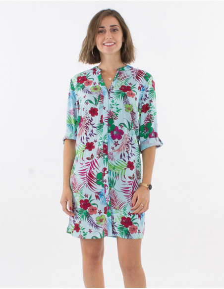 Robe Viscose Boutonnee Manches 3/4 Impri