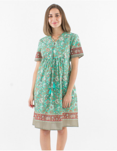 Short sleeves cotton dress and bagdad print