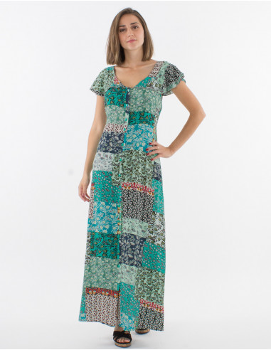 Short sleeves buttoned viscose dress and jardin print