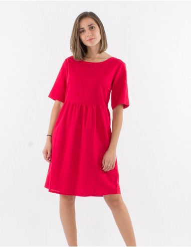 91% cotton 9% linen dress with short sleeve