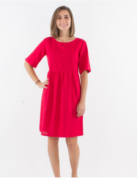 91% cotton 9% linen dress with short sleeve
