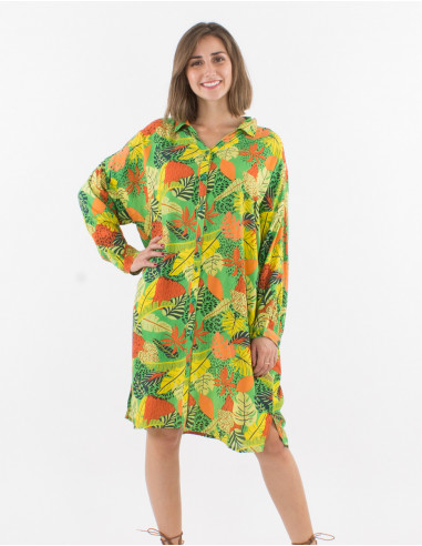 Viscose buttoned tunic dress with long sleeves and print amazonie