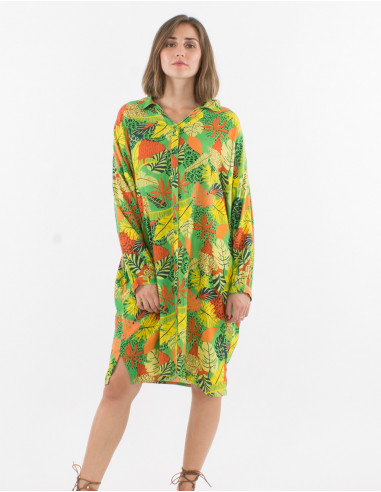 Viscose buttoned tunic dress with long sleeves and print amazonie