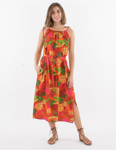 Long viscose dress with wraps and amazonie print