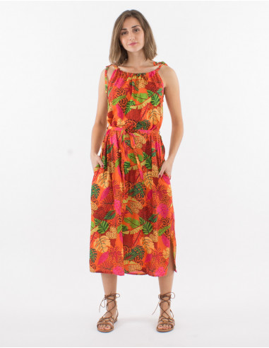 Long viscose dress with wraps and amazonie print