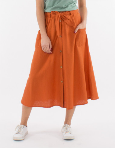 Mid length buttoned 91% cotton 9% linen skirt