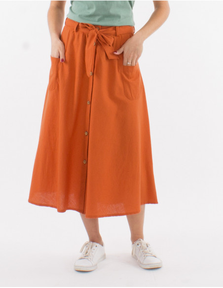 Mid length buttoned 91% cotton 9% linen skirt