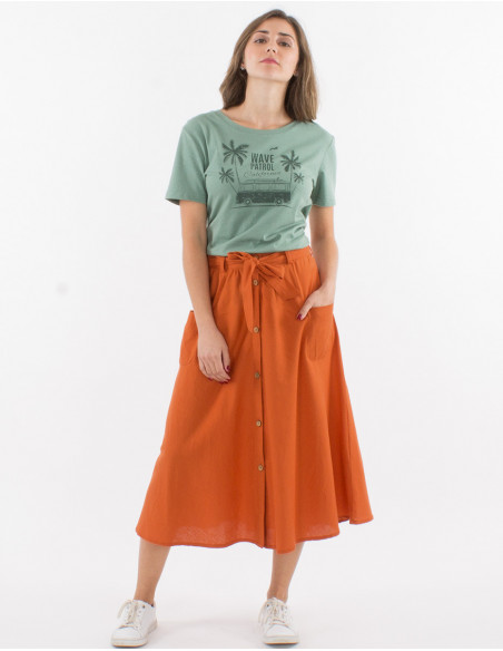 Mid length buttoned 91% cotton 9% linen skirt