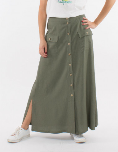 Long buttoned 54% linen 46% viscose skirt