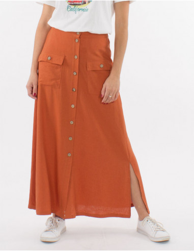Long buttoned 54% linen 46% viscose skirt