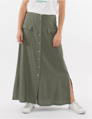 Long buttoned 54% linen 46% viscose skirt