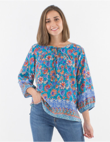 3/4 sleeves polyester blouse with holi flower print