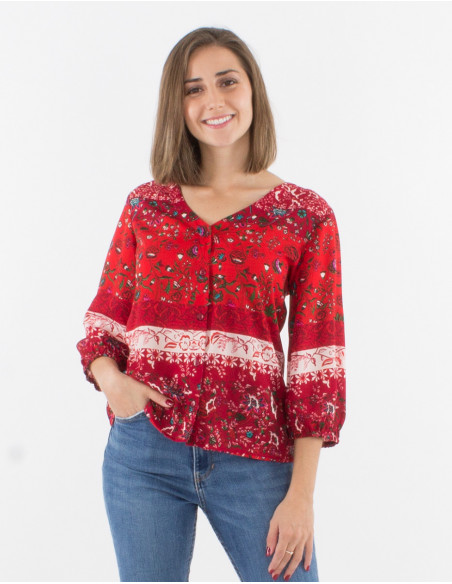 3/4 sleeves buttoned polyester blouse with delhi print