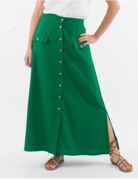 Jupe Longue 54% Lin 46% Viscose Boutonne