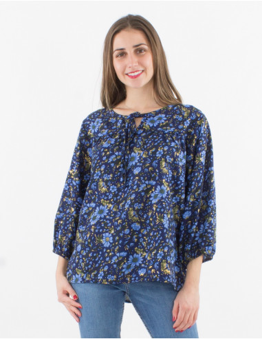 3/4 sleeves polyester blouse with flowers