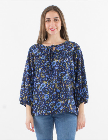 3/4 sleeves polyester blouse with flowers
