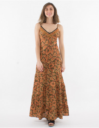 Long polyester sari dress and golden print