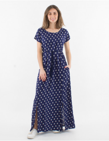 Long viscose dress with short sleeves and islande print