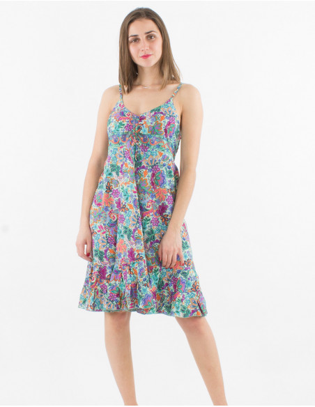 Printed sari polyester short dress