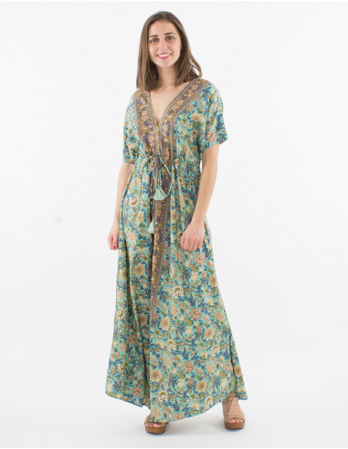 Printed sari polyester maxi dress