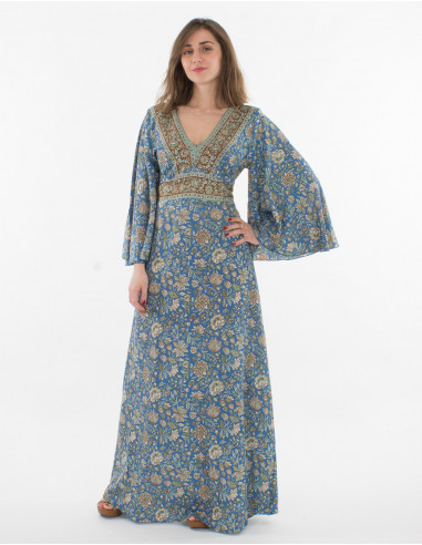 Printed sari polyester 3/4 sleeve long dress